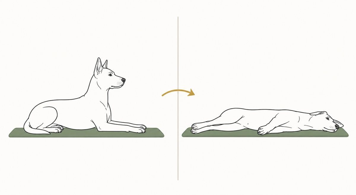 Illustration of a dog transitioning from a down position to lying flat on its side.