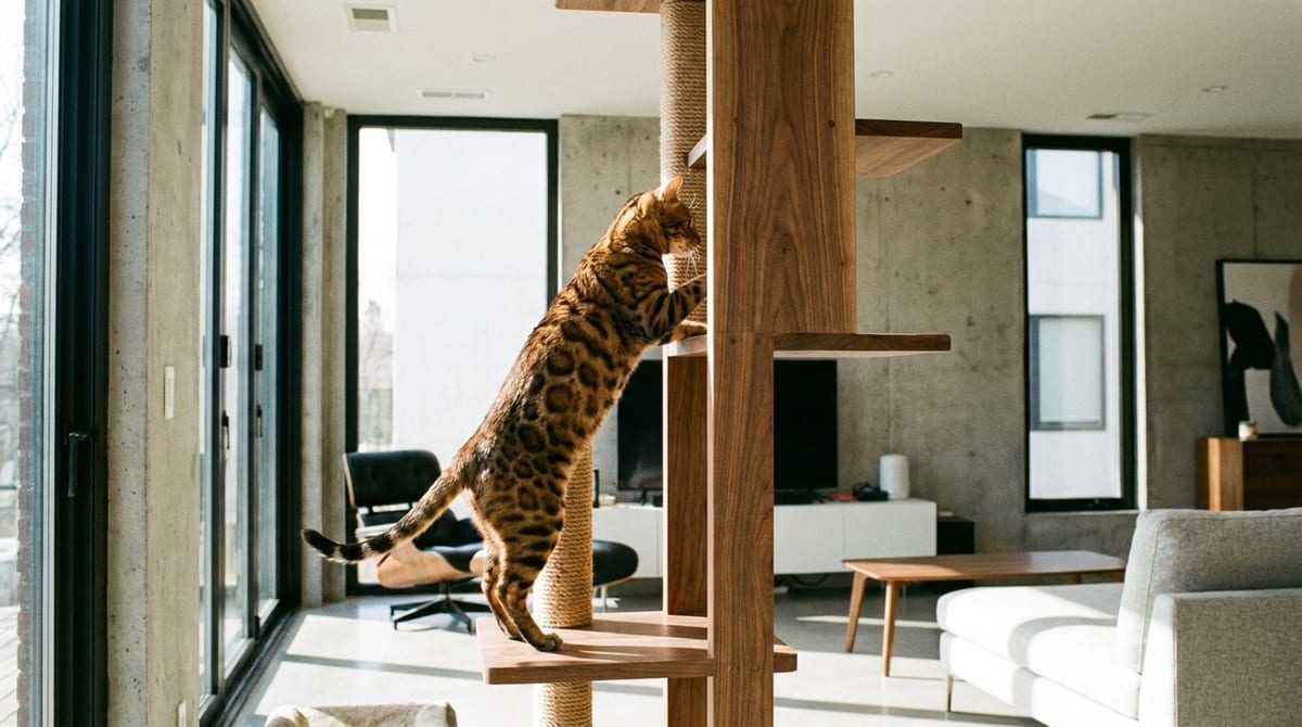 Sleek Bengal cat climbing a tall cat tree in a bright living room
