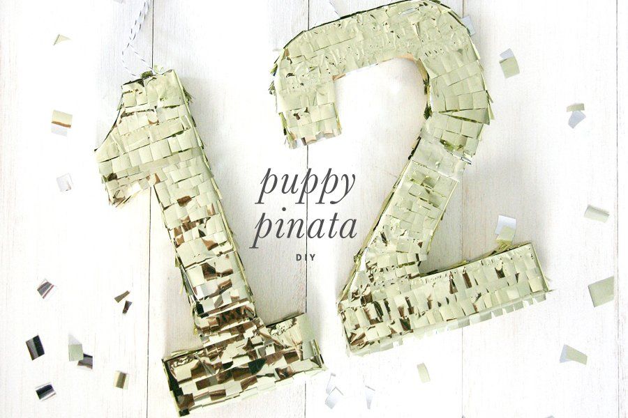 Gold fringe number 12 DIY dog treat puppy piñata on a white wood background for a dog birthday celebration.