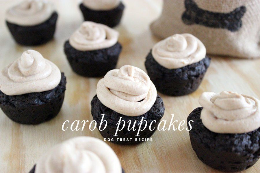 Carob pupcakes with swirls of frosting on a wooden board for a homemade dog treat recipe.