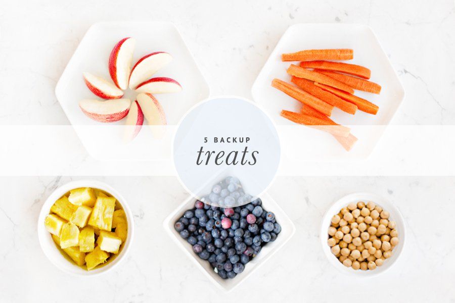 Plates of healthy backup dog treats including apple slices, carrots, pineapple, blueberries, and chickpeas.