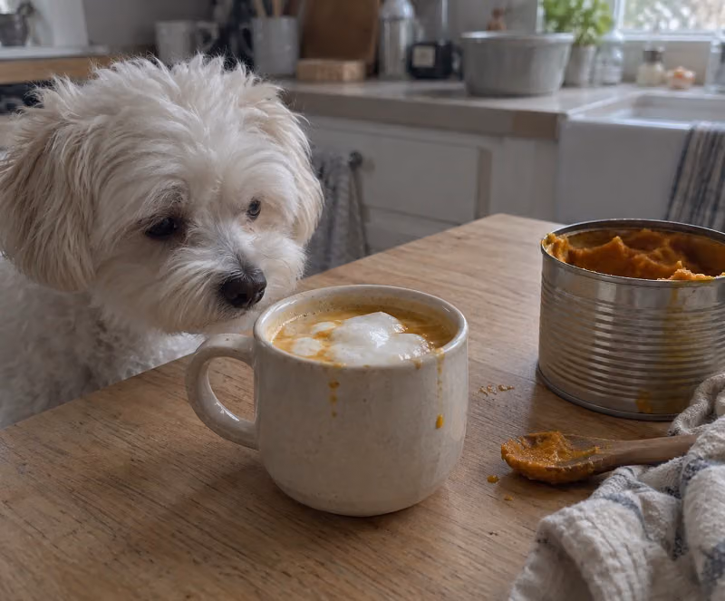 A fluffy white dog looks at a foamy pumpkin drink in a mug next to a can of pumpkin puree.