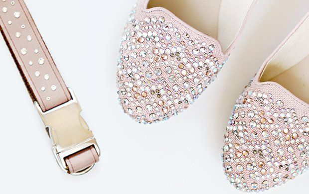 Matching pink rhinestone dog collar and sparkly women's flat shoes, perfect for a stylish dog mum.