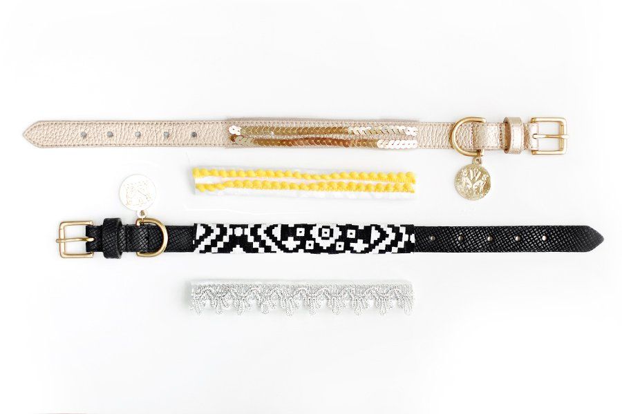 Two stylish dog collars in gold sequin and black geometric patterns, featuring elegant gold buckles.