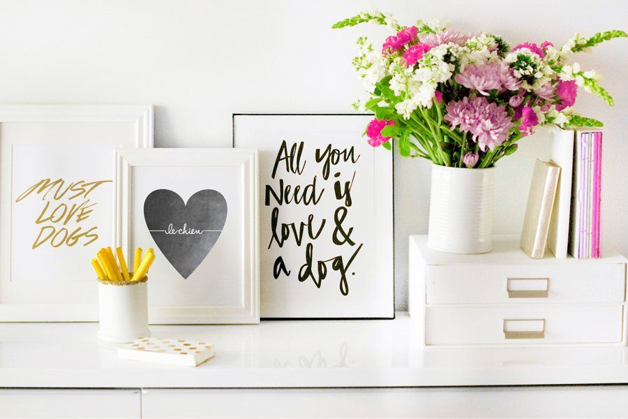 Pretty Fluffy Shop dog-themed art prints featuring 'Must Love Dogs' and 'All you need is love & a dog' framed quotes.