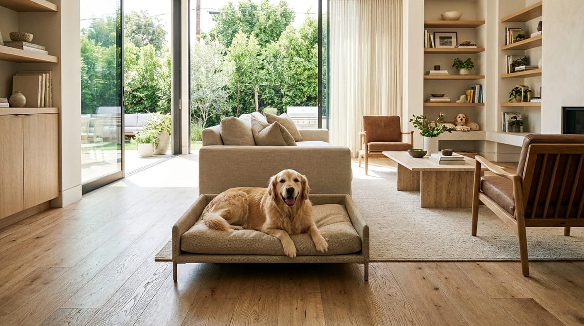A happy Golden Retriever resting on a dog bed in a bright, modern living room with durable wood-look flooring.