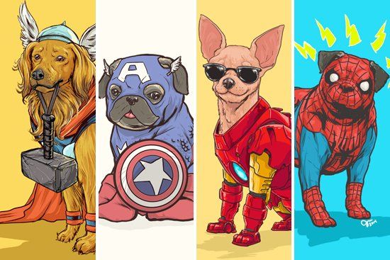 Illustrated dogs dressed as Marvel superheroes, including Thor, Captain America, Iron Man, and Spider-Man.