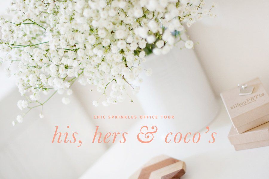 Chic Sprinkles Office Tour: His, Hers & Coco's title graphic with white baby's breath flowers and jewelry boxes.