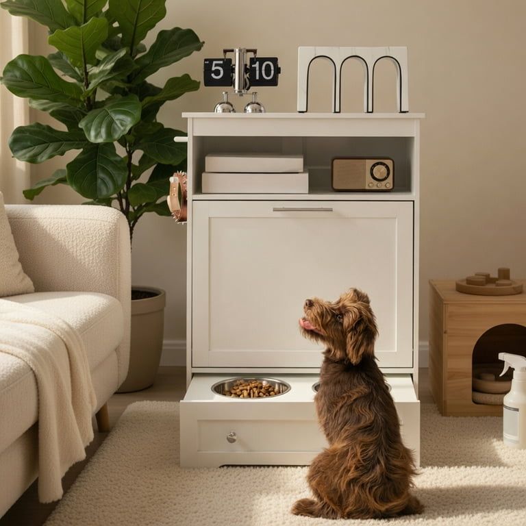 Small dog sits beside a white food storage cabinet with a built-in bowl drawer in a living room.