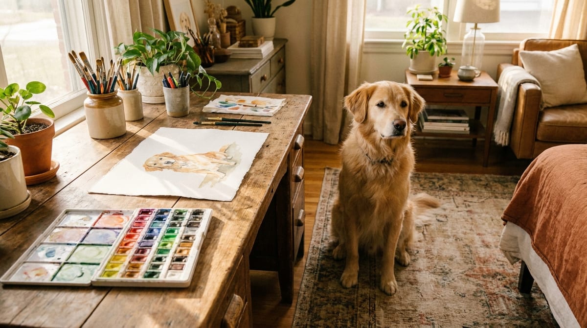 A peaceful dog sits in a sunlit art studio next to a desk holding watercolor paints and a dog portrait.