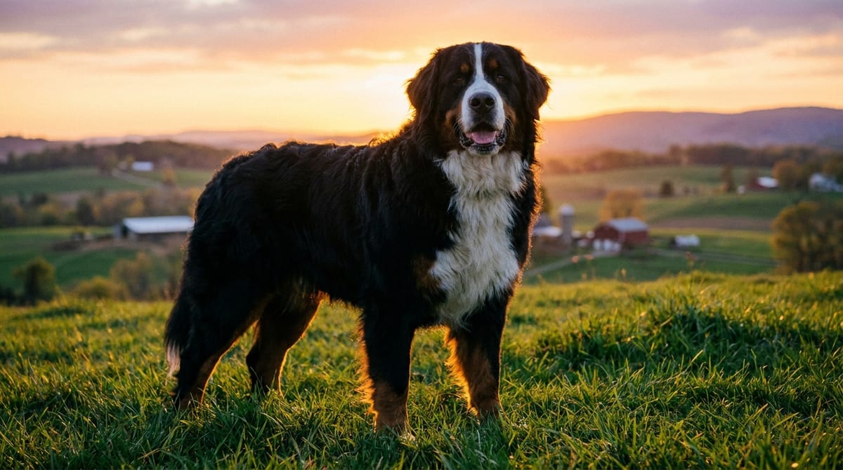 A majestic Bernese Mountain Dog standing on a scenic grassy hill during a warm golden hour sunset.