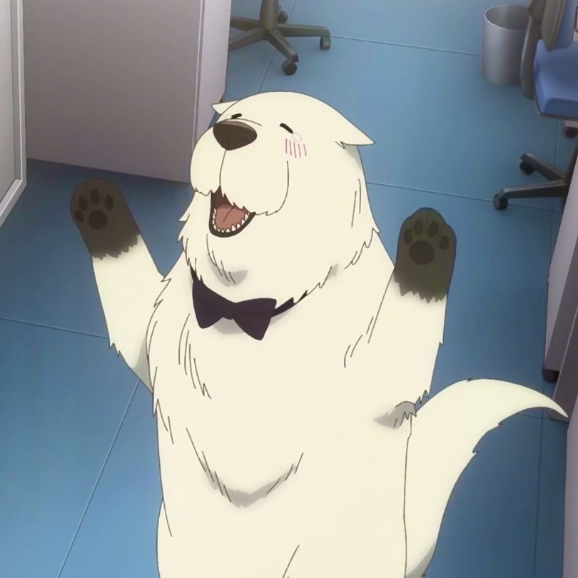 Bond, a large white anime dog wearing a black bow tie, stands excitedly with his paws raised.