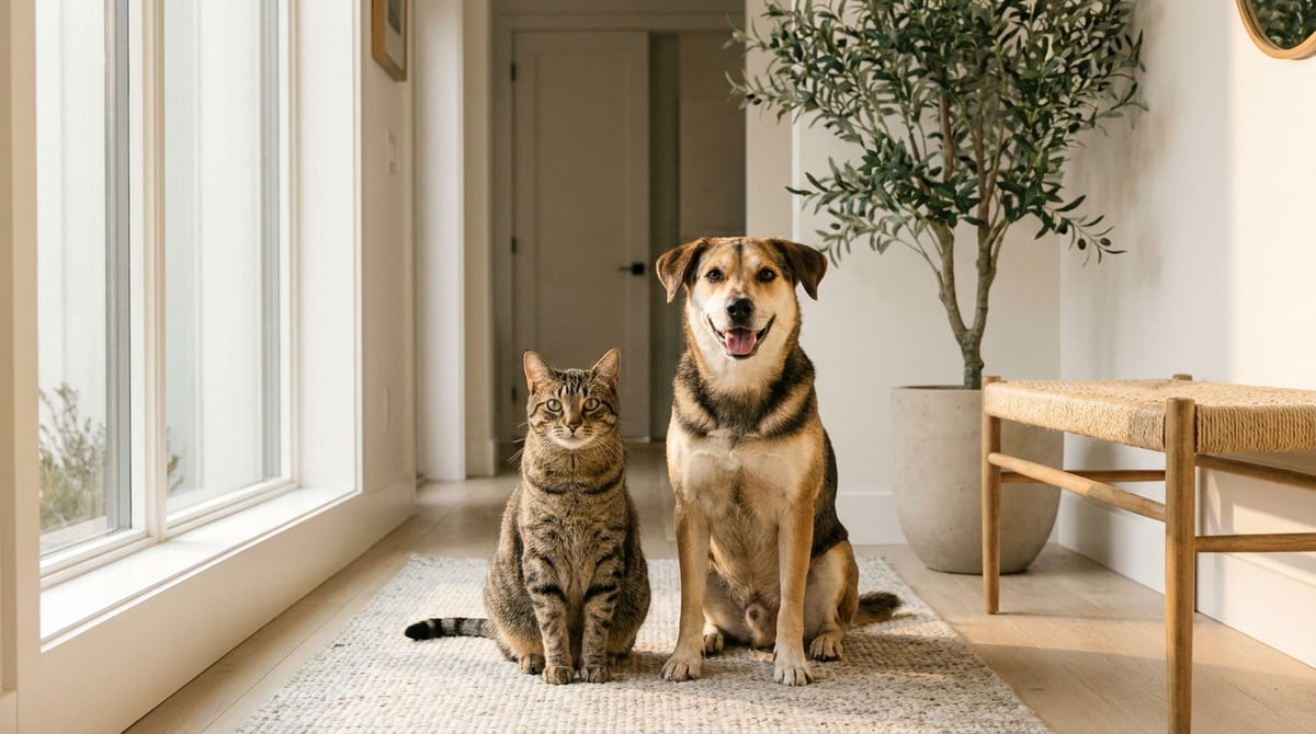 A healthy tabby cat and a happy dog sit side-by-side in a bright, modern, sunlit home entryway.
