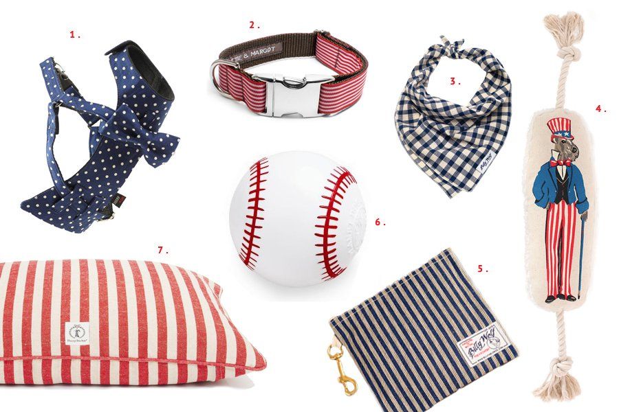 Patriotic Pooch Americana pet products featuring a red and blue dog harness, collar, bandana, and dog toys.