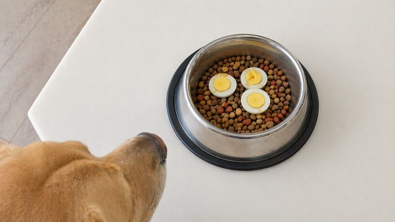 Dog looking at a bowl of dry kibble topped with sliced hard-boiled eggs, a healthy and safe snack for dogs.