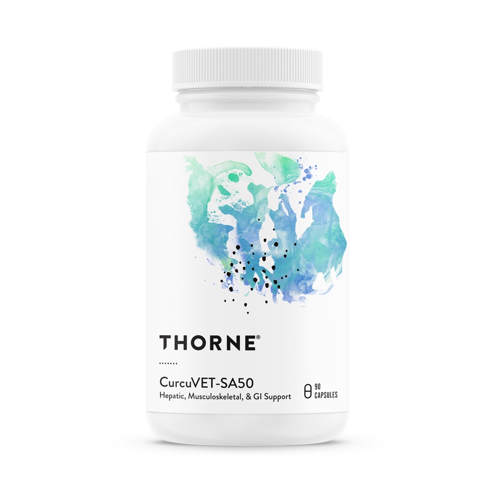 Thorne Research CurcuVET-SA50-Soy Free Capsules have a very scientific sounding name, but are essentially filled with natural extracts designed to support your dog’s intestinal tract, liver, joints and muscles. 