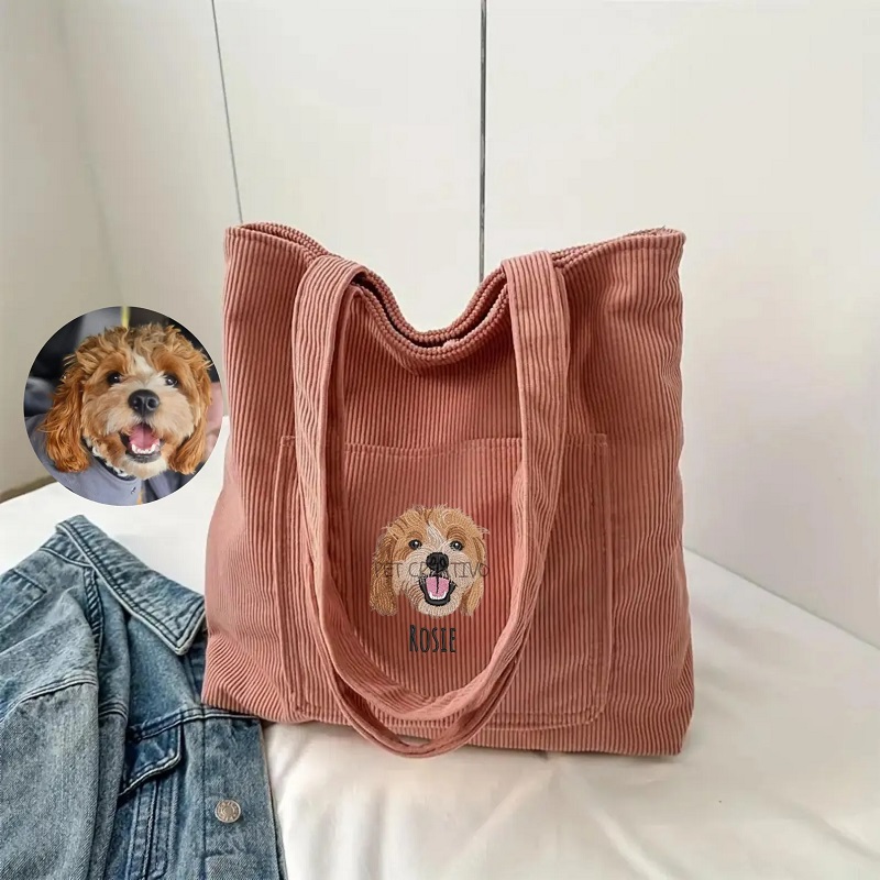 Embroidered Pet Portrait Corduroy Tote Bag