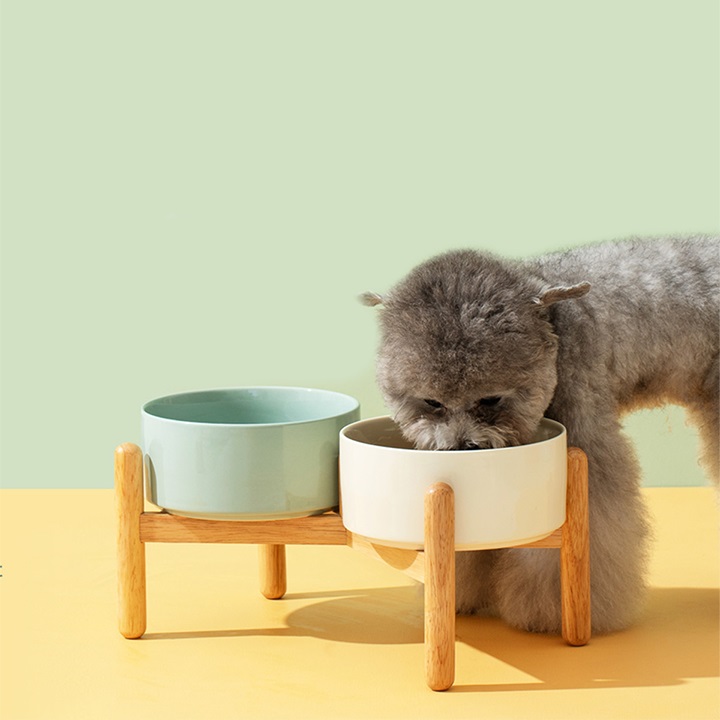 SpunkyJunky Ceramic & Wood Raised Dog Bowls