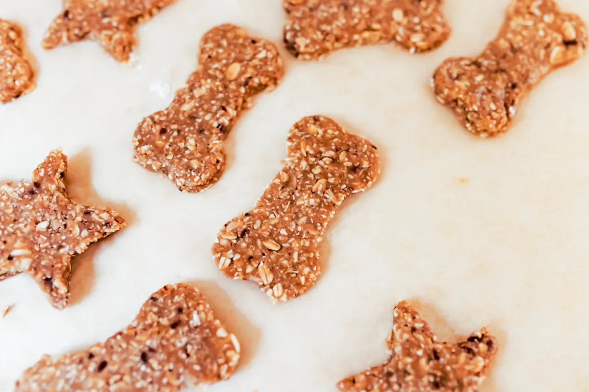 peanut butter banana dog treats cut into shapes before going in oven