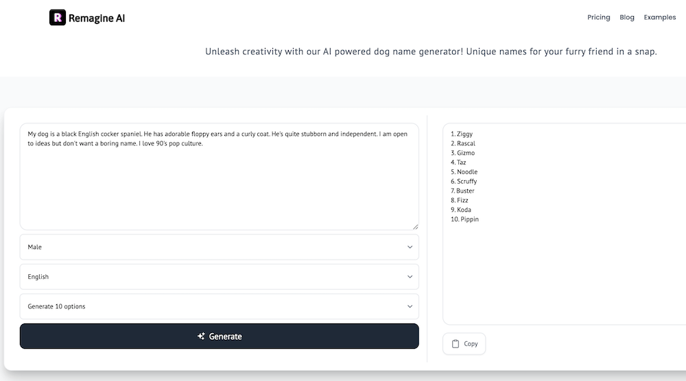 Using Remagine AI to generate dog names