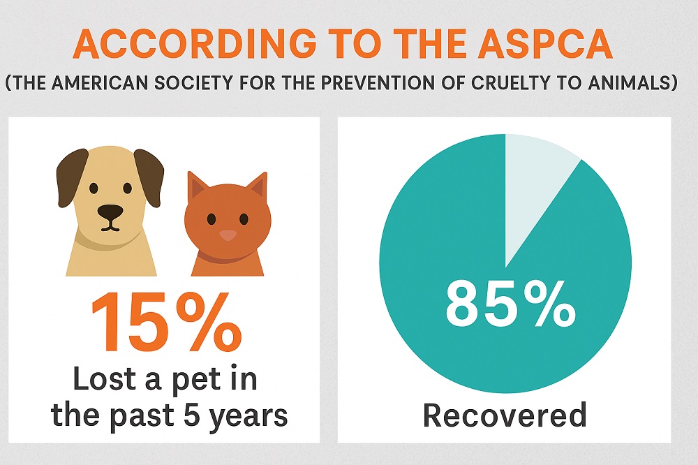 According to the ASPCA (The American Society for the Prevention of Cruelty to Animals), 15 percent had lost a dog or a cat in the past five years, a lower number than had been reported; 85 percent of those lost dogs and cats were recovered.