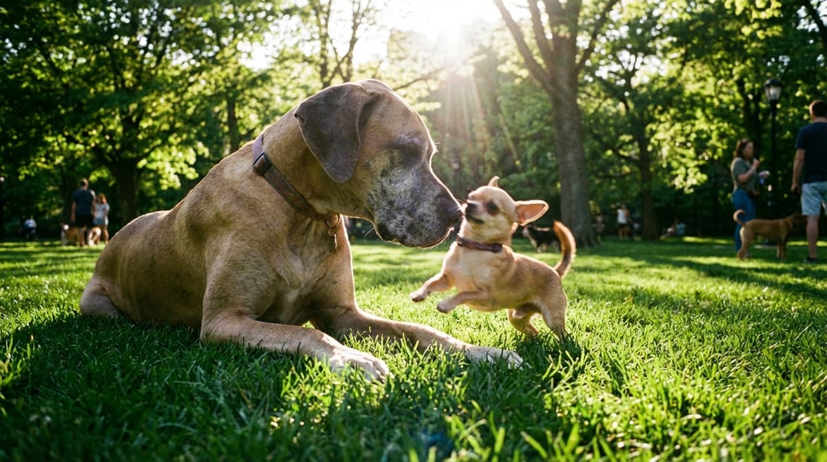 A very large Great Dane playing gently with a tiny Chihuahua, illustrating names for different breed sizes.