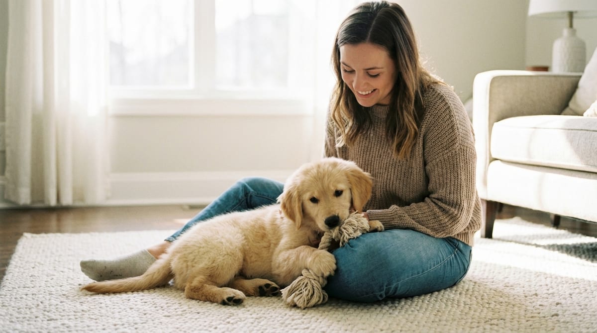 A woman smiling at a fluffy golden retriever puppy in her lap, considering a name for her new pet.