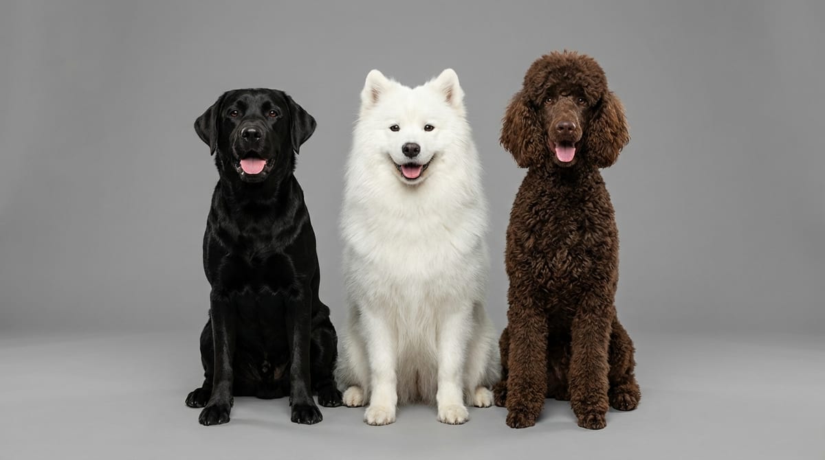 Three dogs sitting in a row: a black lab, a white Samoyed, and a brown poodle, showcasing different coat colors.