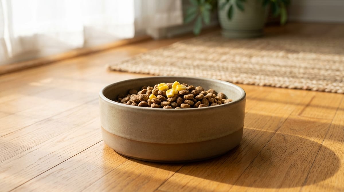 A ceramic dog bowl filled with kibble and a few yellow corn kernels on a wooden floor in a brightly lit, cozy home.