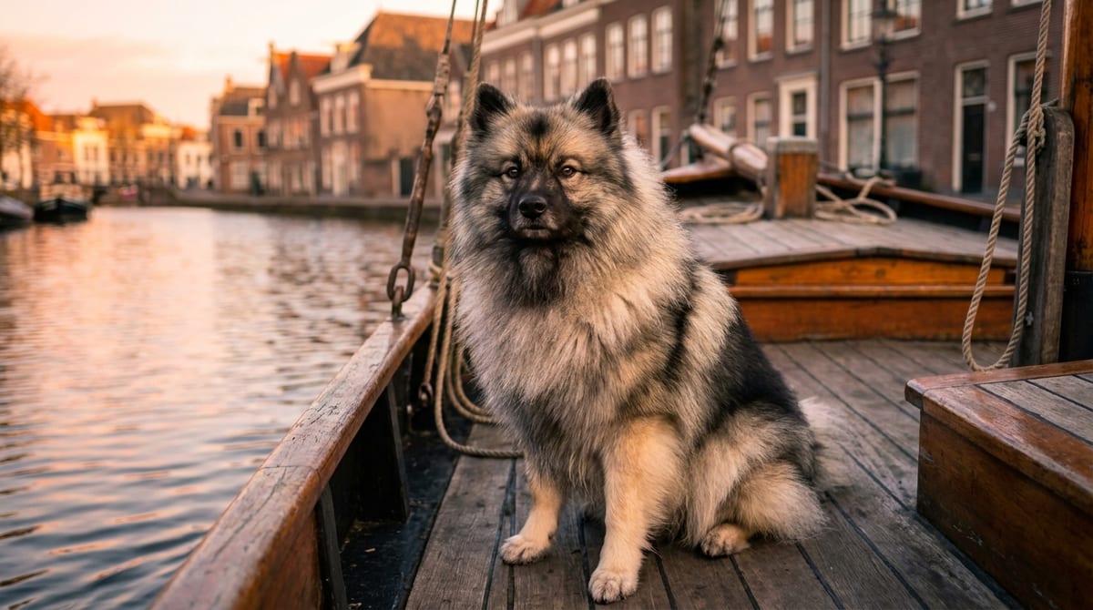 A fluffy grey and black Keeshond dog sitting alertly on a wooden barge deck near a calm canal in warm morning light.