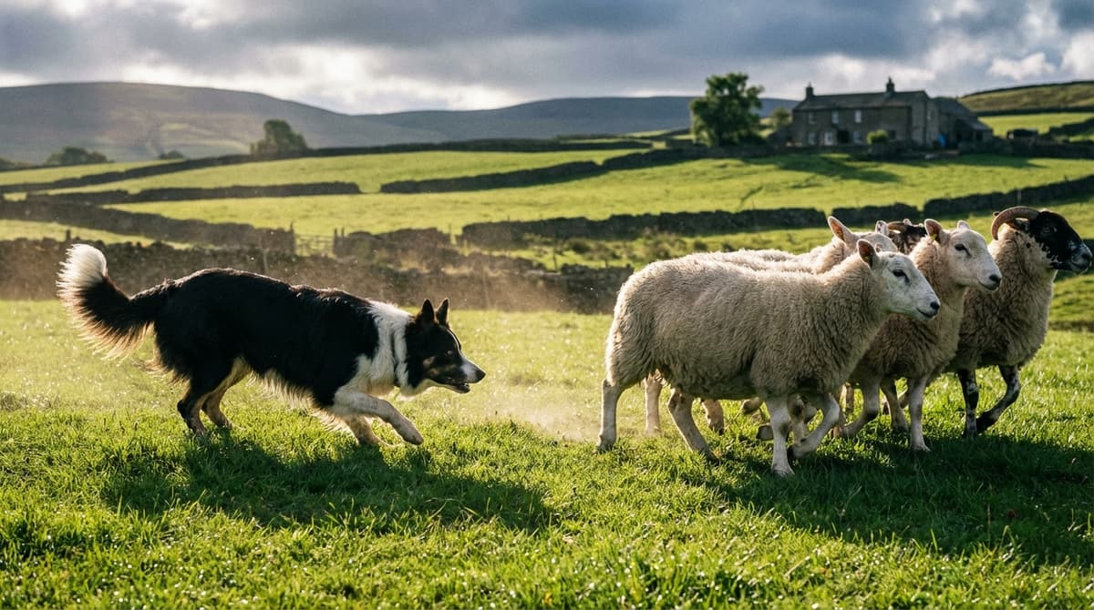 A focused Border Collie herding sheep in a green pasture, showcasing its instinctive intelligence.