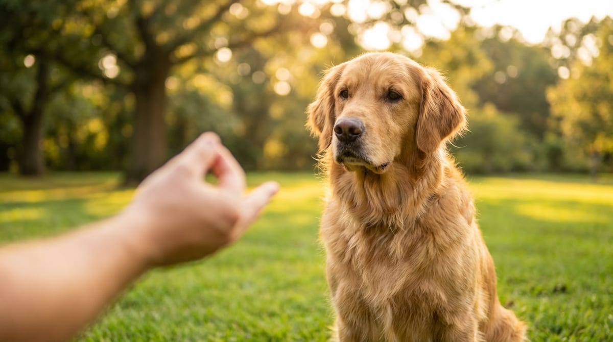 A focused Golden Retriever sits in a sunny park, looking attentively at a human hand giving a training signal.