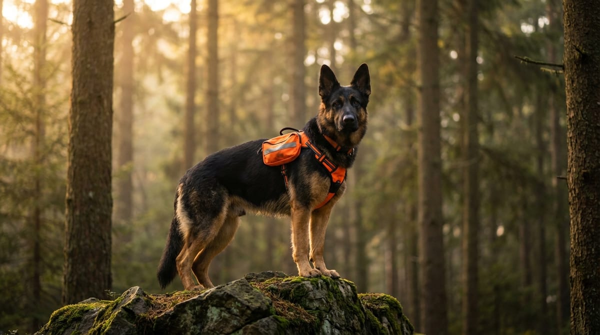 A German Shepherd in an orange search and rescue harness stands alert on a rocky outcrop in a misty forest.