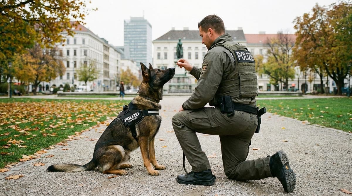 A German Shepherd sitting attentively next to a police officer during a training session, demonstrating its working intelligence.