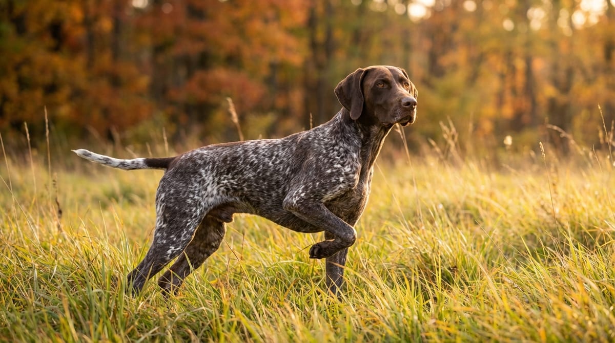 A German Shorthaired Pointer stands focused in a grassy meadow during golden hour, showcasing its distinctive ticked coat.