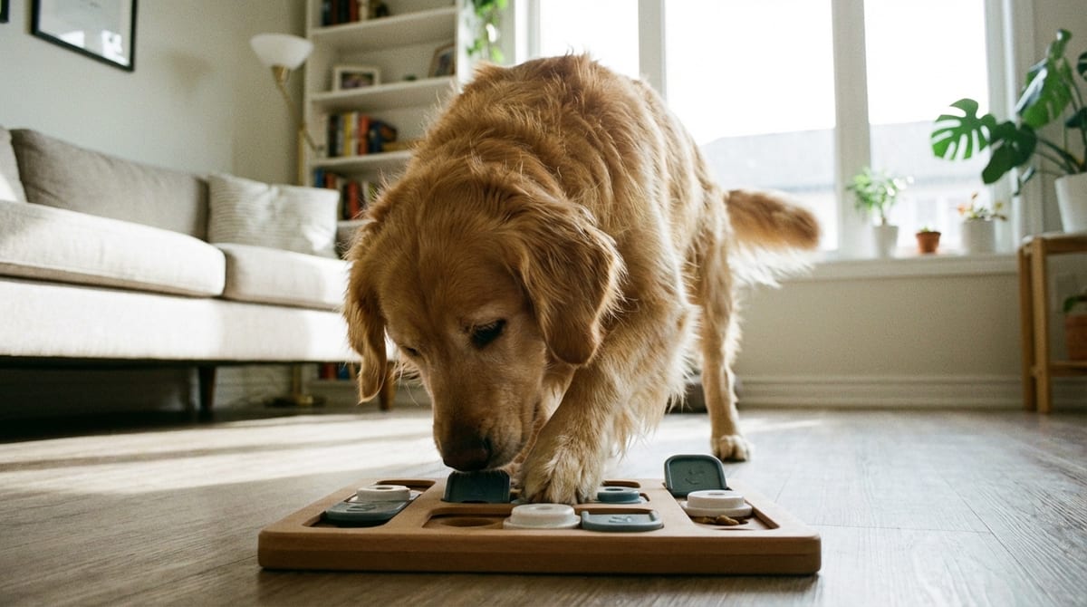 A Golden Retriever using its nose and paws to solve a food puzzle toy, illustrating the need for mental stimulation.