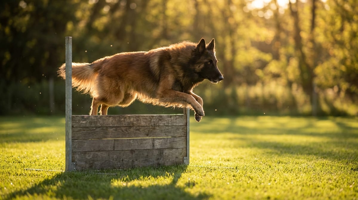 A majestic Belgian Tervuren dog gracefully jumping over a wooden agility hurdle in a sunlit green grassy field.