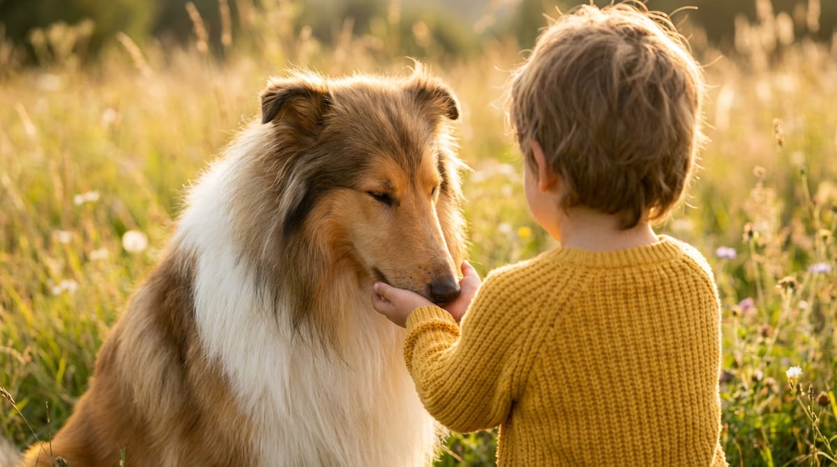 A majestic Rough Collie resting its head on a child's hands in a sunlit meadow, showing loyalty and canine intelligence.