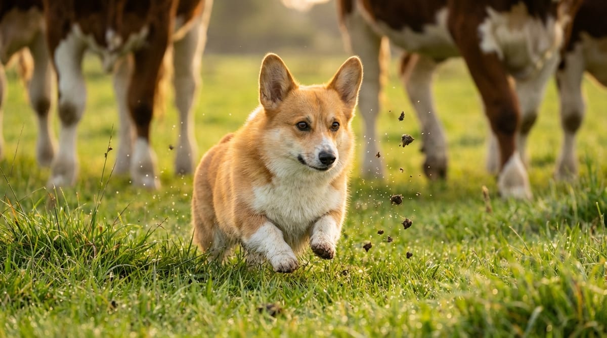 A Pembroke Welsh Corgi running agilely through a green pasture herding cattle, illuminated by warm golden hour sunlight.
