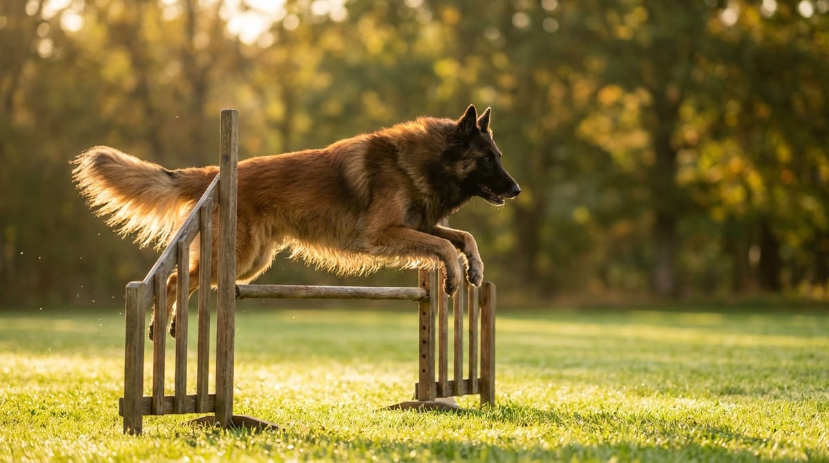 A photorealistic image of an athletic Belgian Tervuren dog leaping over a wooden agility hurdle in a sunlit grassy field.