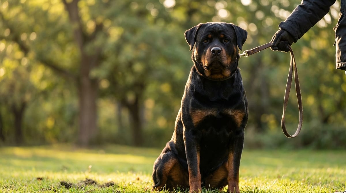 A robust Rottweiler sitting obediently beside a handler holding its leash in a sunlit park, showcasing calm intelligence.