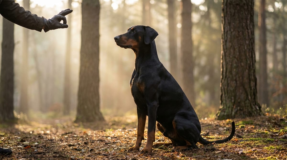 A sleek Doberman Pinscher sits attentively in a misty forest at dawn, looking focused while receiving a hand signal.