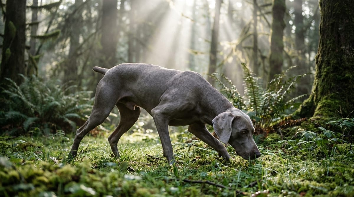 A sleek silver Weimaraner dog actively tracking a scent in a misty, sunlit forest during early morning.