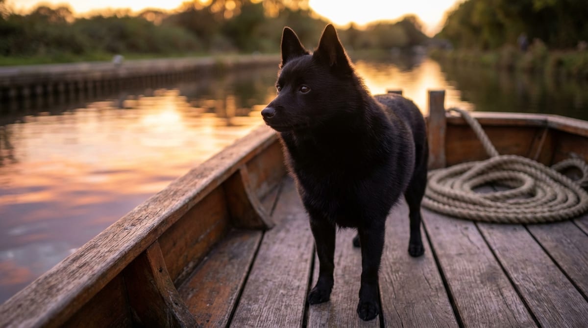 A small black Schipperke dog standing confidently on a wooden canal boat deck during golden hour.
