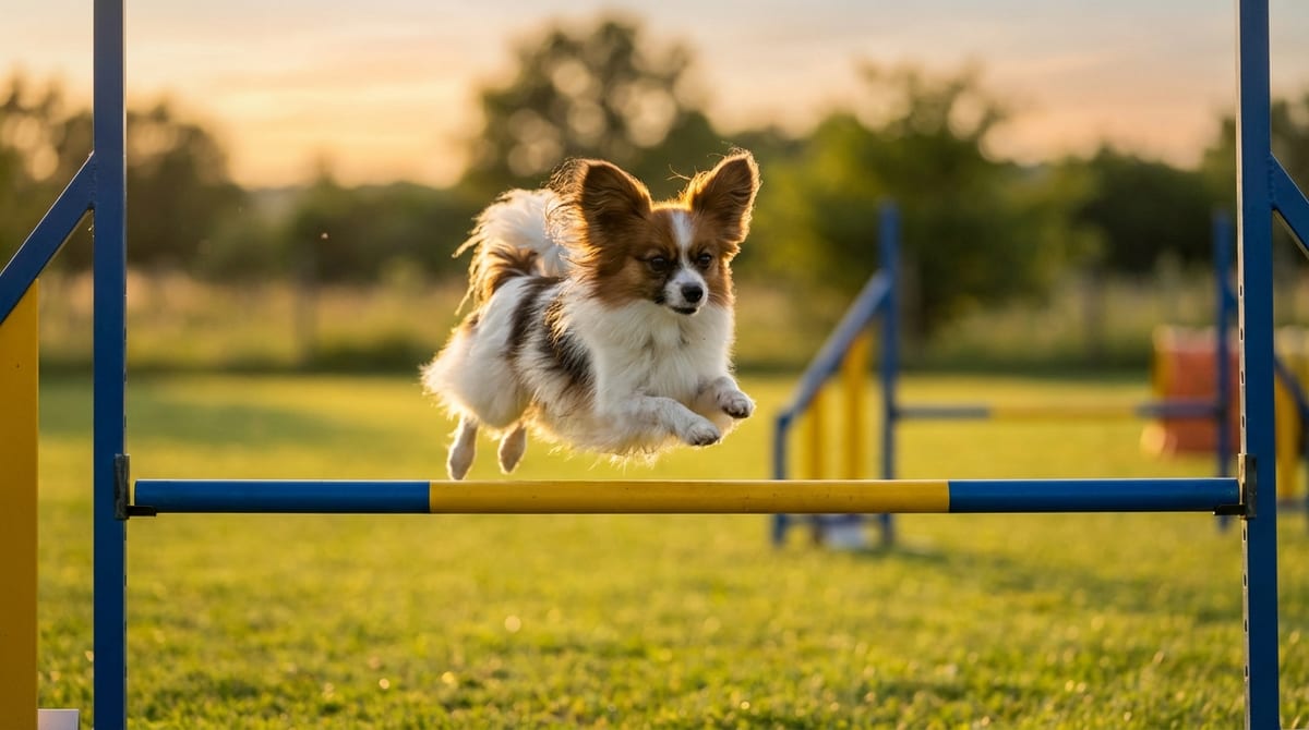 A small Papillon dog with butterfly-like ears jumps over an agility hurdle on a sunny outdoor course.