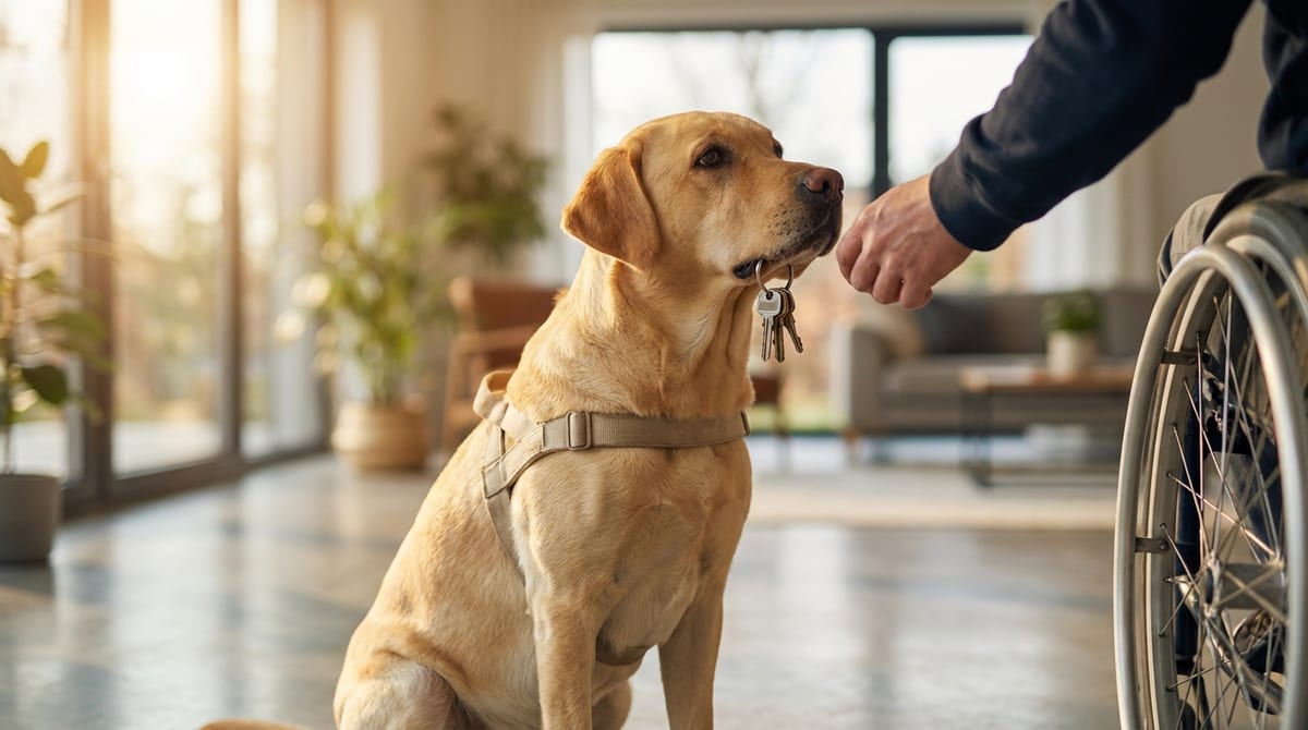A yellow Labrador service dog gently handing dropped keys to a person's hand, showcasing its intelligence and training.