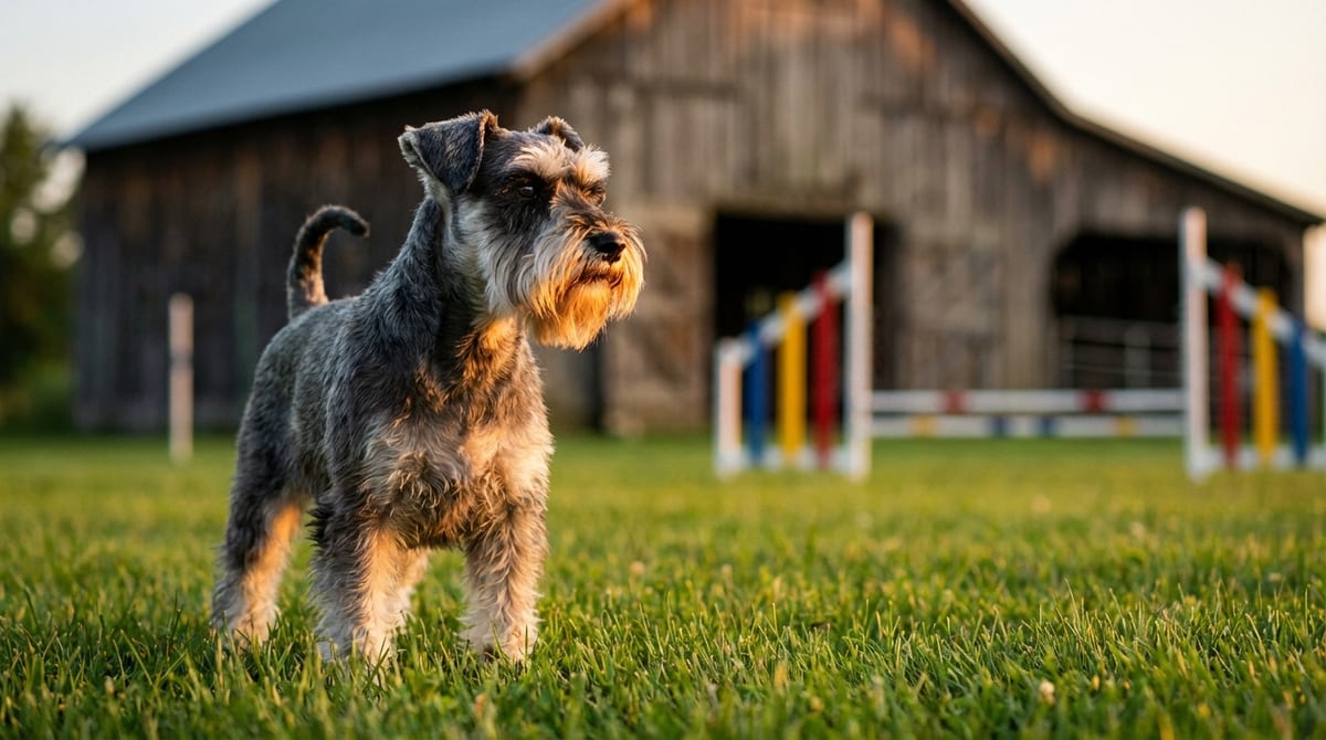 An alert Miniature Schnauzer stands in a sunlit grassy field with a gently blurred barn and agility jumps in the background.