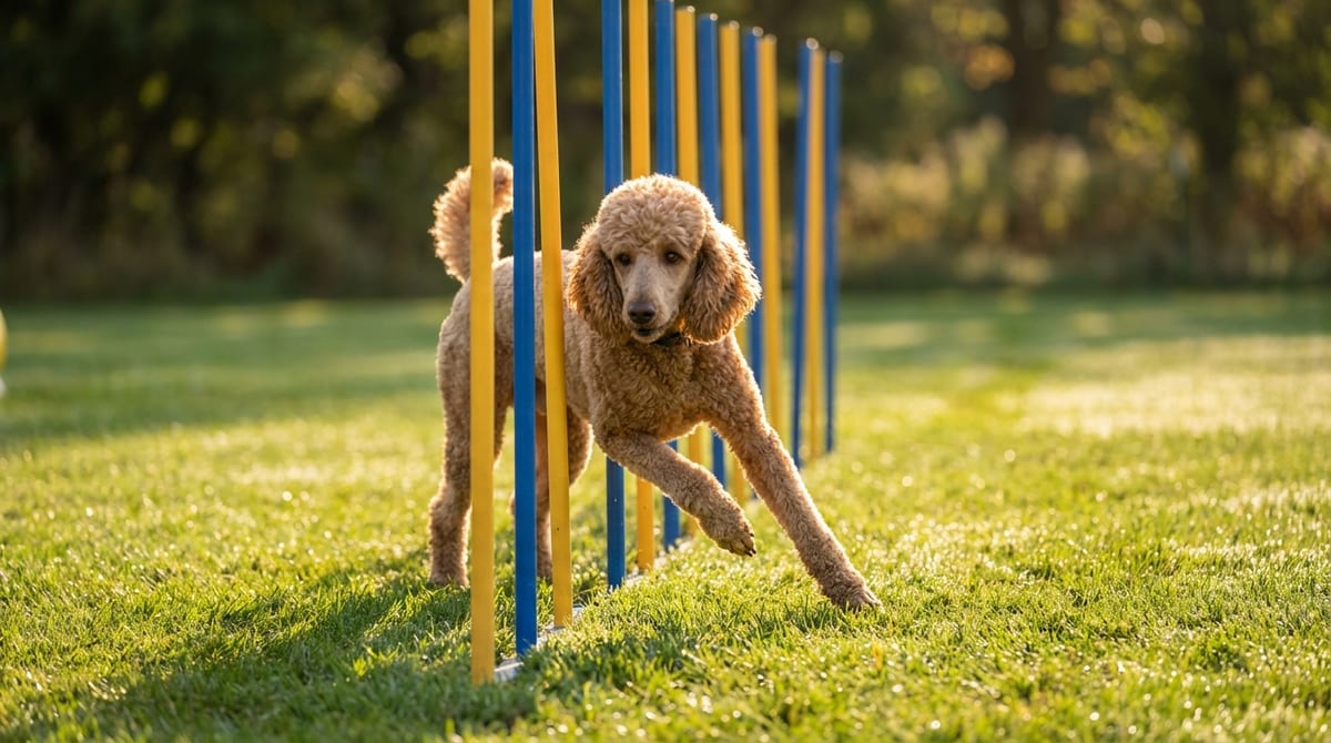 An apricot Standard Poodle navigating weave poles on a grassy agility course during golden hour, showcasing its intelligence.
