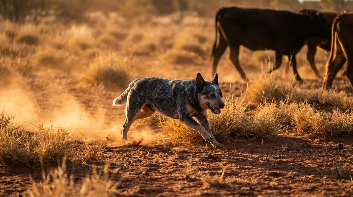 An Australian Cattle Dog running through a dusty, sunlit landscape, intensely focused on herding cattle in the background.