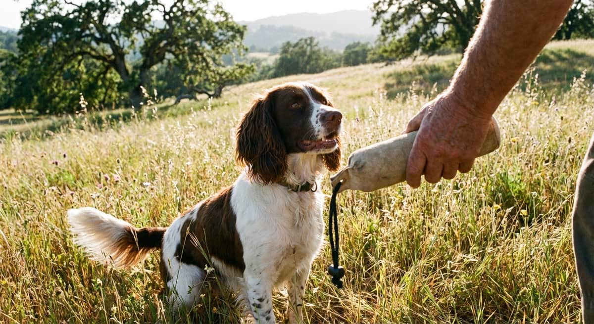 An English Springer Spaniel sits in a sunlit meadow, looking eagerly at a person's hand holding a training dummy.